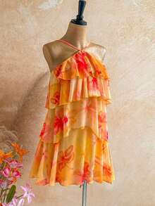 Nuevo vestido elegante y romántico para invitados de boda, de unicolor, con espalda descubierta, multicapa con volantes de gasa, minivestido, adecuado para estilo bohemio, boho, flores románticas, vacaciones, fiestas florales, citas, San Valentín, - Multicolor 5 - Ver 8