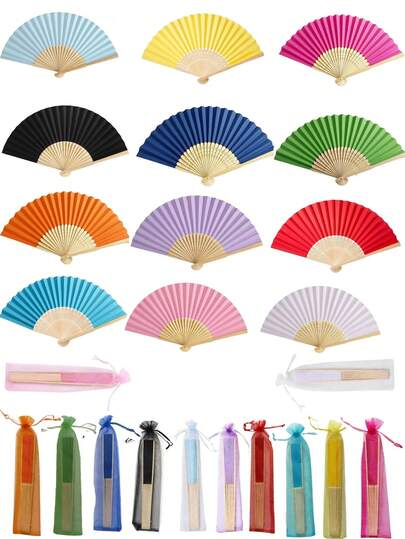 Two Essential Simple Folding Paper Fan Sets For Summer, Solid Color Paper Fans For Weddings And Parties, White And Colored Styles, Portable Hand Fans For Weddings And Parties, As Gifts For Brides At Baptism Ceremonies, DIY School Decorations, And Photography Props.