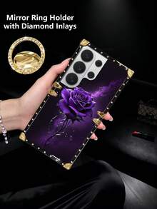 1个紫色玫瑰图案长方形防摔时尚手机壳，兼容三星Galaxy S26 Ultra/S26/S26 Plus/S25FE/S25 Ultra/S25+/S25/S24 Plus/S24/S24U/S23 Ultra/S22 Ultra/A57 5G/A56 5G/A37 5G/A36/A17/A16以及苹果17proamx/17/16 Promax/16/15PRO Max/15/14 Plus/15plus/14 Pro Max/13promax等型号。[国际版，非国内版] - 紫色+鏡面指環支架 - 查看 3