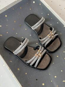 Kids' Rhinestone Multi-Strap Square Toe Flat Slide Sandals, Open Toe Slip-On Summer Casual Fashion Slides For Girls - Black - View 4