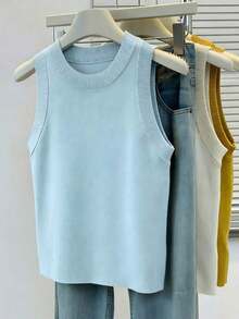 Top de punto de cuello redondo en color sólido para mujer de , minimalista y versátil, para verano. - Rosa - Ver 8