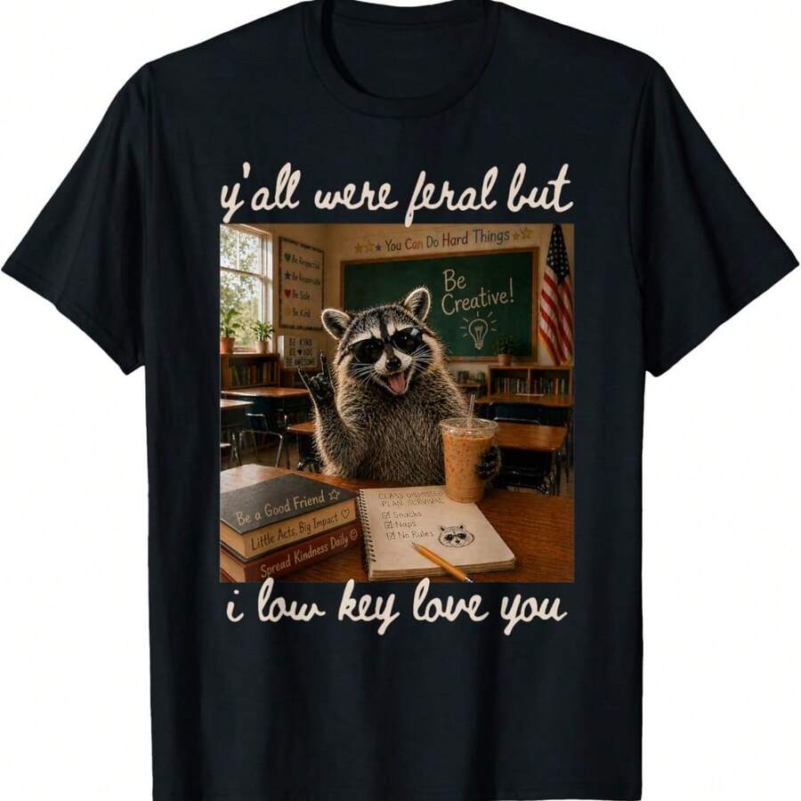 Y'all Were FERALs But I Low Key Love You Raccoon Iced Coffe T-Shirt - Black - View 1