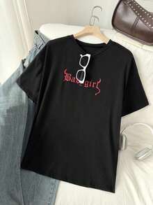 Camiseta de hombros caídos con estampado de letra - Negro - Ver 7