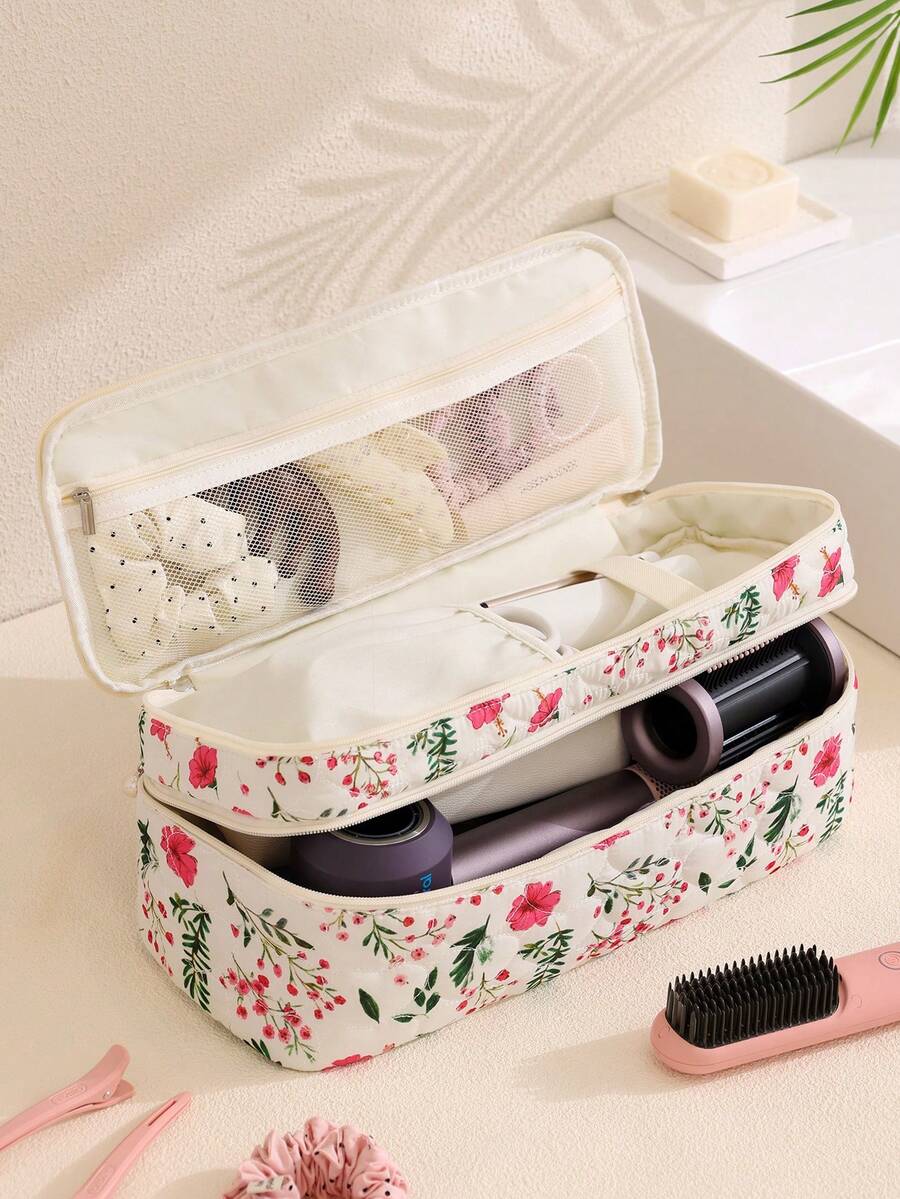 1pc Floral Double Layer Hair Tool Storage Bag, Cute Large Capacity Makeup Organizer Bag, Can Store Hair Dryer, Styling Tools, Travel Hair Tools, Curling Iron, Hair Dryer, Hair Clips, Straightener, Perfect For Travel, Valentine's Day, Christmas, Mother's Day Gift, Home And Travel Essential