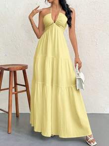 Vestido maxi sin espalda con cuello halter de crepé y lazo para ocasiones en complejos turísticos y bodas - Amarillo - Ver 5