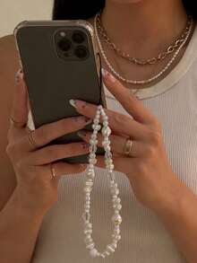 1pc Pearl Lanyard Phone Chain Short Style Asymmetrical Beaded Camera Strap Pearl Wrist Strap Ins Phone Chain - White - View 2