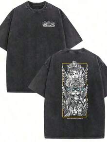 Camiseta de Hombre 100% Algodón, Lavada al Estilo Vintage, Negra Estampada - Diseño de Ángel Mecánico de Manga Corta, Uso Todo el Año, Lavable a Máquina, Estilo Urbano y Versátil - Negro - Ver 1