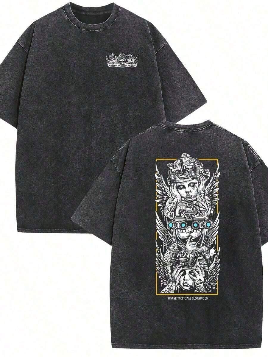 Camiseta de Hombre 100% Algodón, Lavada al Estilo Vintage, Negra Estampada - Diseño de Ángel Mecánico de Manga Corta, Uso Todo el Año, Lavable a Máquina, Estilo Urbano y Versátil - Negro - Ver 1