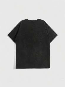 Men's And Women's 100% Cotton Loose Fit Acid-Washed Fabric T-Shirt, Vintage Grunge Punk Style For Women, With Cute Cat Print, Unisex, For School. - 黑色 - 查看 5