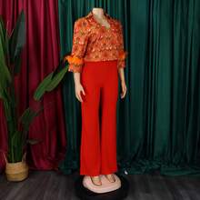 Nuevo Conjunto Estilo Europeo Americano Camisa Estampada Manga Larga Y Pantalón Pierna Ancha Elegante - Rojo anaranjado - Ver 4