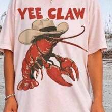 Tops2026Lobster Cowboy Shirt, Yee Claw Tee Funny Lobster Tshirt Western Beach Top Amalfi Coast Trip Tomato Girl Summer, Women's Oversized Casual Short-Sleeved Top, 100% Cotton All-Season Fashion Prints Loose T-Shirt, Ladies T-Shirt Gift For Friends And Family Holiday Parties, Vacation, Thanksgiving, Halloween, Valentine's Day Daily, Unisexgraphic Tees Women - 粉色 - 查看 14