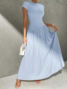 Vestido de línea A de manga corta, de cuello, ajustado, con bajo asimétrico, de uso diario, de estilo minimalista y elegante - Celeste - Ver 3