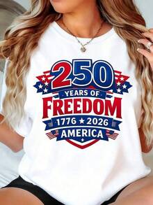 American 250th Anniversary Print Women's Short Sleeve Crew Neck T Shirt White 250 Years Of Freedom 1776 2026 America Patriotic Design Independence Day Celebration Party WearRopa De Mujer / Ropa De Mujer De Uso Diario / Blusas, Camisas Y Camisetas De Mujer / Camisetas De Mujer Ropa Deportiva Basicos Mujer Short Playeras Para Hombre - Blanco - Ver 8