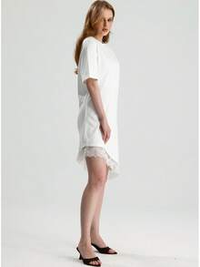 RoseArya Cotton Asymmetric Hem Lace Detail Short Sleeve Dress - White - View 3