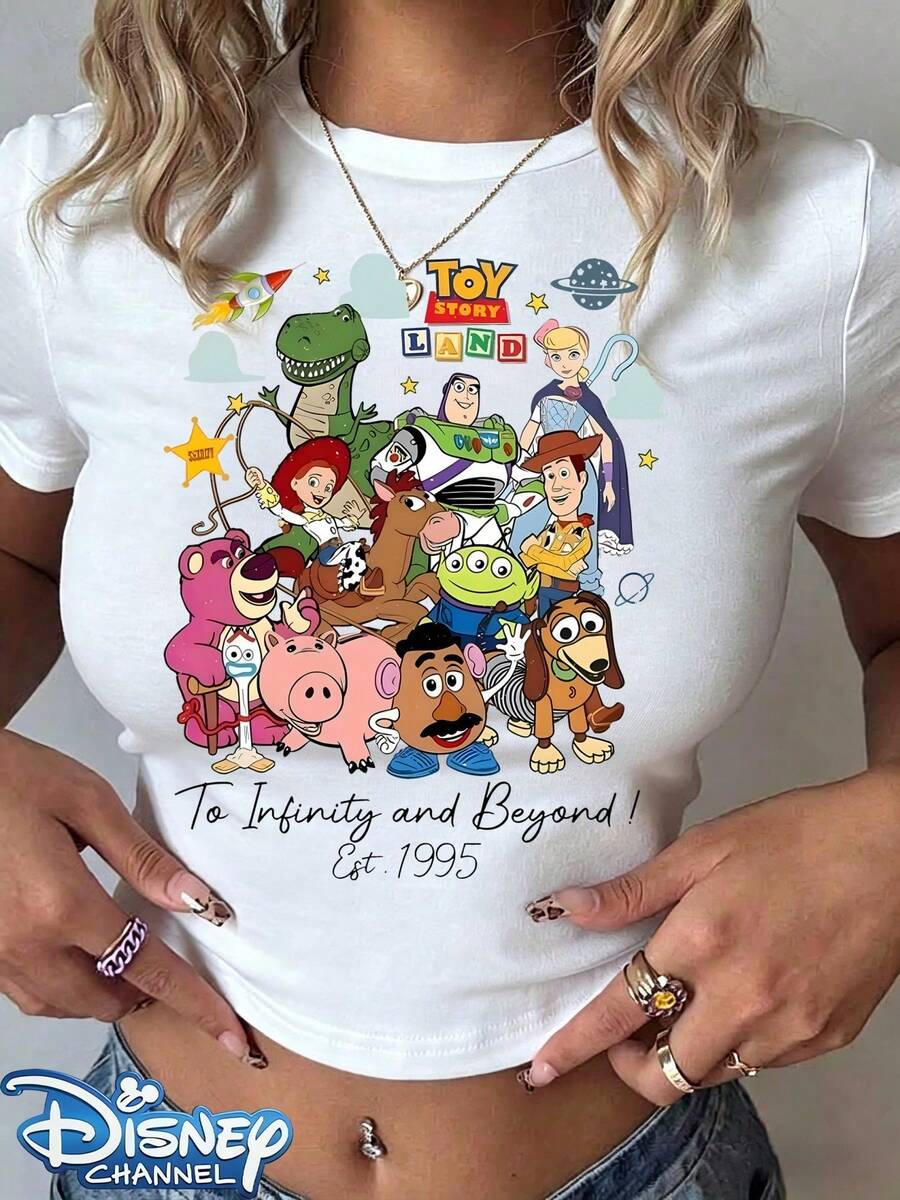 Genuine Disney New Toy Story Land Full Character Collage Print Design, Ladies' Casual Short T-Shirt With Round Neck And Slim Fit, Basic Polyester Fiber Tops In Summer Are Versatile For Everyday Wear, Comfortable And Loose, Ideal For Giving Her A Perfect Gift, Washable, Holiday Outfits For Women Festival Outfits Women Lineshirt Women White Top.The Sizing Runs Small; If You Prefer A Loose Fit, Please Choose One Size Up. - trắng - Xem 1