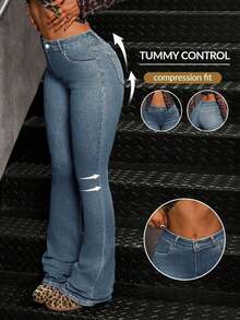 Women's Casual Pocketed Mid-Waist Skinny Flare Jeans - Azul 3 - Ver 12