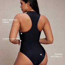 Women's Black & White Spliced ​​Zipper Stand Collar One-Piece Swimsuit, Tummy Control, Racer Back, Linear, Exquisite And Premium Beach Vacation Shaping Swimsuit For Summer - Blanco y Negro - Ver 8