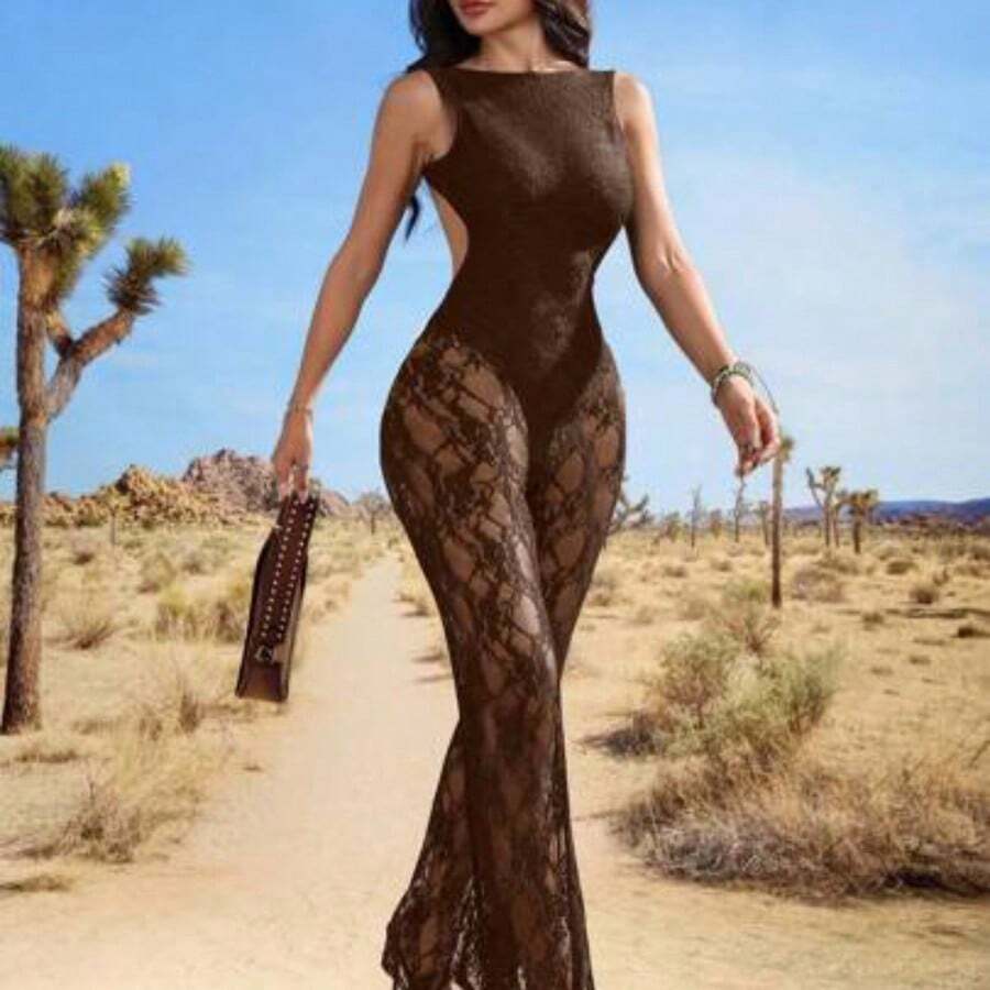 Women's Contrast Lace Sleeveless Round Neck Backless Sexy Jumpsuit - Marrón - Ver 1