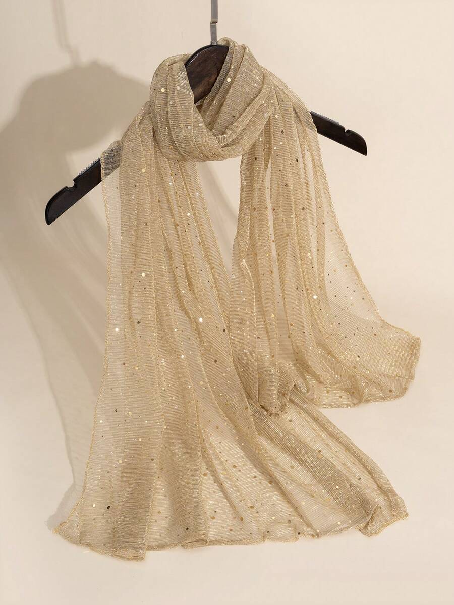 1pc Women's Bandana, Lightweight Solid Color Sequin Scarf, Headband, Middle Eastern Headscarf, Decorative Shawl Beach Wrap - Gold - View 1