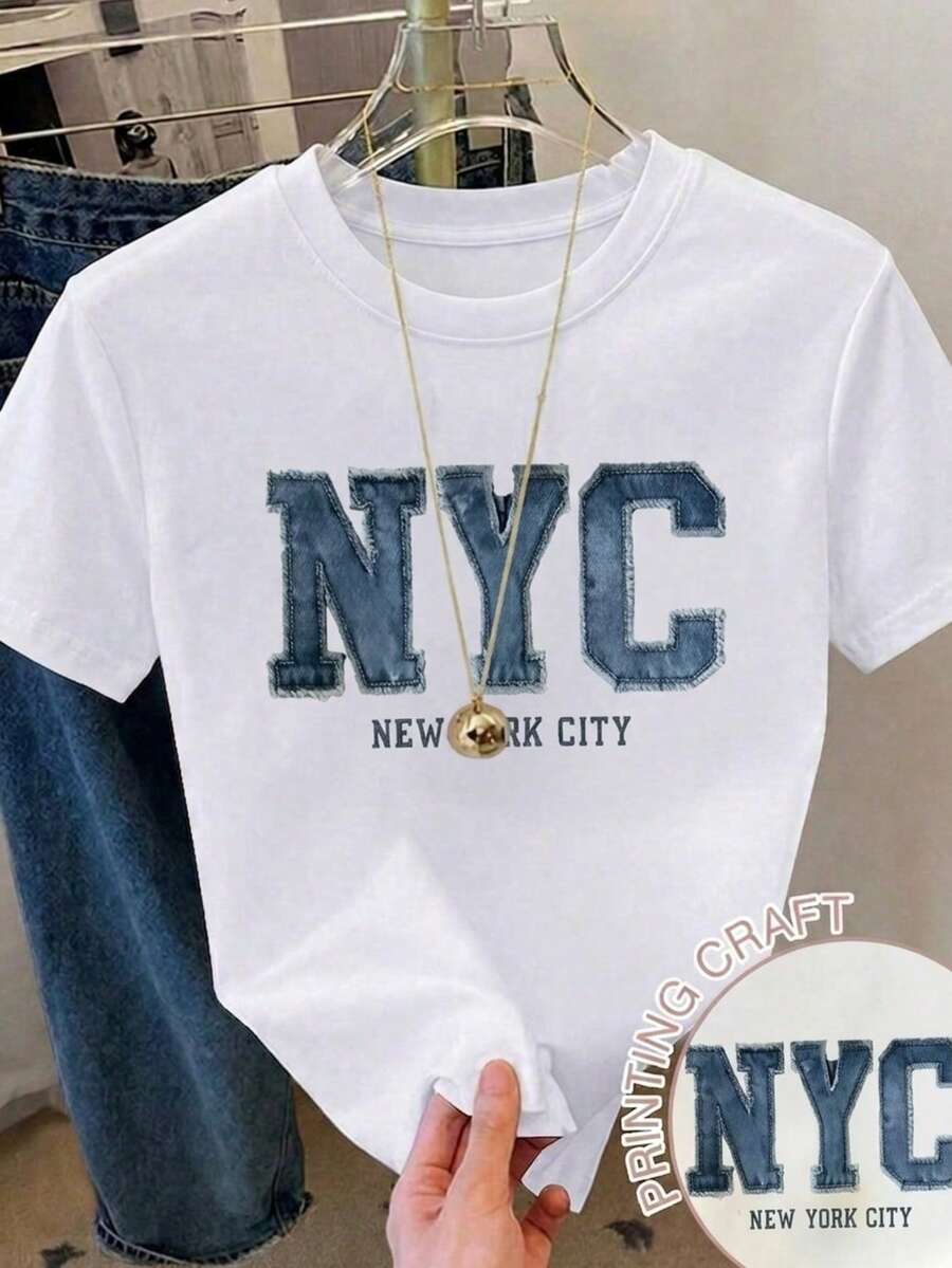 Camiseta de dama Blanca con estampado tipo mezclilla new york city Estilo Casual y Divertido comoda liguera transpirable ideal vacaciones diario casa tener una cita - Blanco - Ver 1