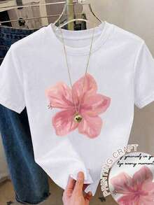 Camiseta de dama blanca con estampado flor grande pecho Estilo Casual y Divertido comoda liguera transpirable ideal vacaciones diario casa tener una cita - Blanco - Ver 1