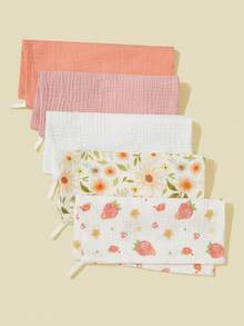 Bộ 5 chiếc yếm ăn cho bé bằng vải cotton mỏng in hình hoa và động vật hoạt hình, khăn ăn, khăn lau nước bọt. - Nhiều màu - Xem 3