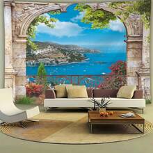 1 pezzo Arco di pietra ornato con paesaggio di città costiera, con vista sul Mar Mediterraneo e stampa di edifici costieri, per camera da letto, soggiorno, dormitorio, decorazione per la casa, in tessuto di poliestere, opera d'arte da parete con paesaggio naturale - Balcone costiero in stile europeo - Visualizzare 2