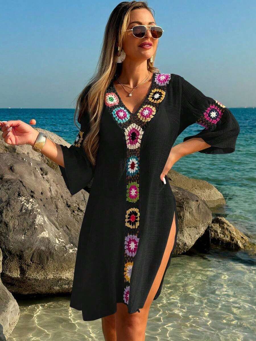 Swim Lushoire Vestido/Cubrecuerpo casual y holgado con estampado floral de ganchillo y cuello en V, manga 3/4, abertura lateral, color aleatorio, para mujer - Negro - Ver 1