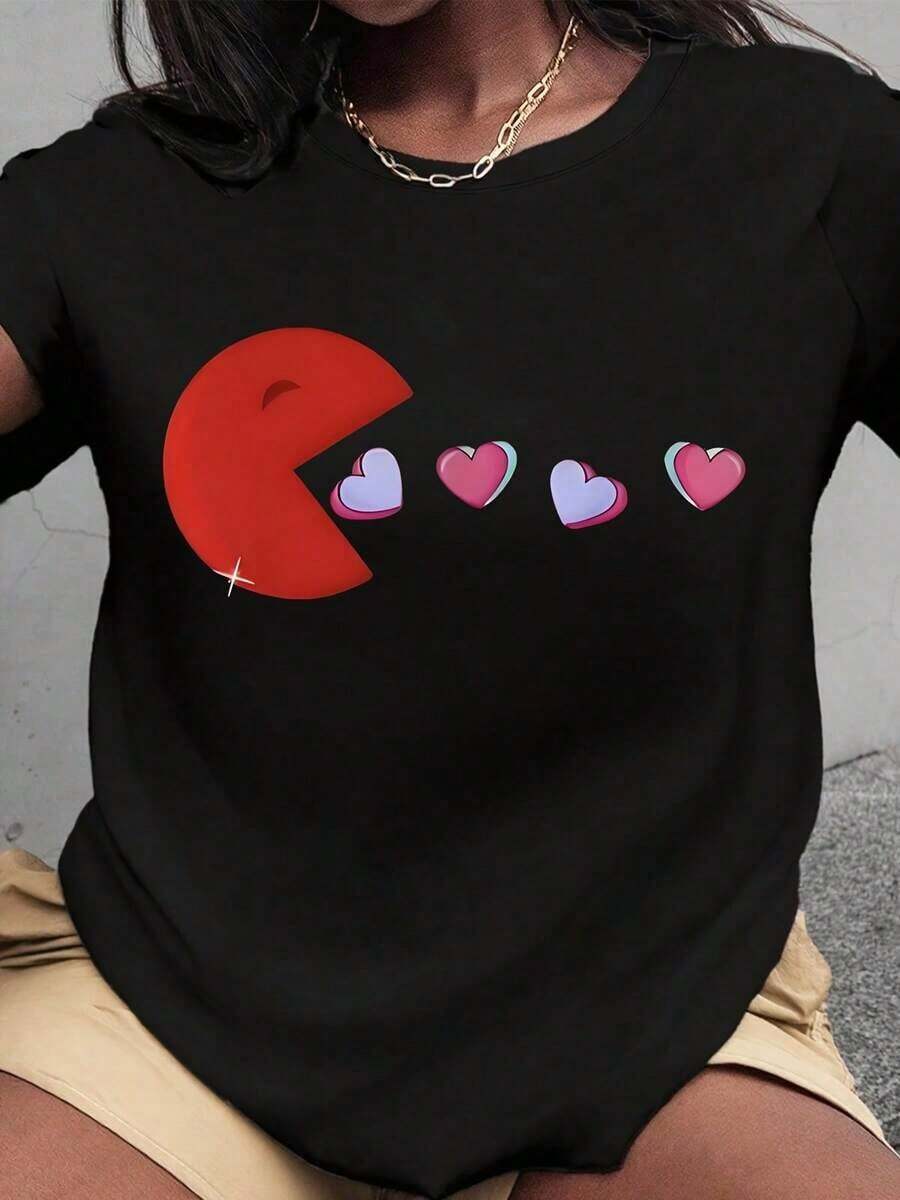 Plus Size T-Shirt For Valentine's Day With French Fries Design, Fun For Food Lovers, Women's, With Cute French Fries And Heart Design, Perfect Casual Top For Everyday Wear And Gift Ideas | Exquisite Design | Loose And Comfortable | Easy To Match | - 黑色 2 - 查看 1