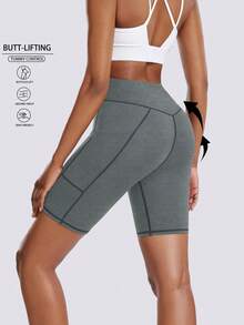 Side Pocket Solid Color Criss-Cross Waist Women Sports Shorts, High Waist Lifting Yoga Shorts For Fitness, Pilates, Outdoor Running, Cycling, Home Leisure - Silver - View 2
