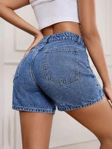 Shorts vaqueros de mujer de talle alto, versátiles, con lavado vintage, de corte holgado y longitud a la rodilla, en estilo casual retro, moda de verano - Azul lavado medio - Ver 2