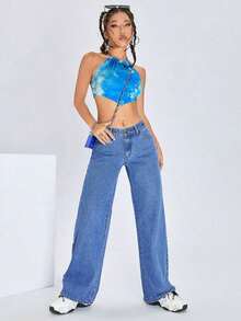ICON Solid Color Wide Leg Pocket Jeans, Casual And Versatile - 中等水洗藍 - 查看 3