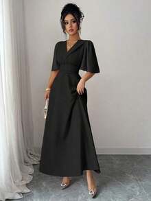 Nuevo diseño de vestido casual, elegante y de vacaciones para mujer con cuello, cintura plisada, parche de gasa y mangas con volantes - Negro - Ver 5
