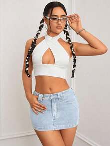 Minifalda de mezclilla ajustada y de tiro bajo lavada, con estilo callejero sexy para el verano - Lavado ligero - Ver 7