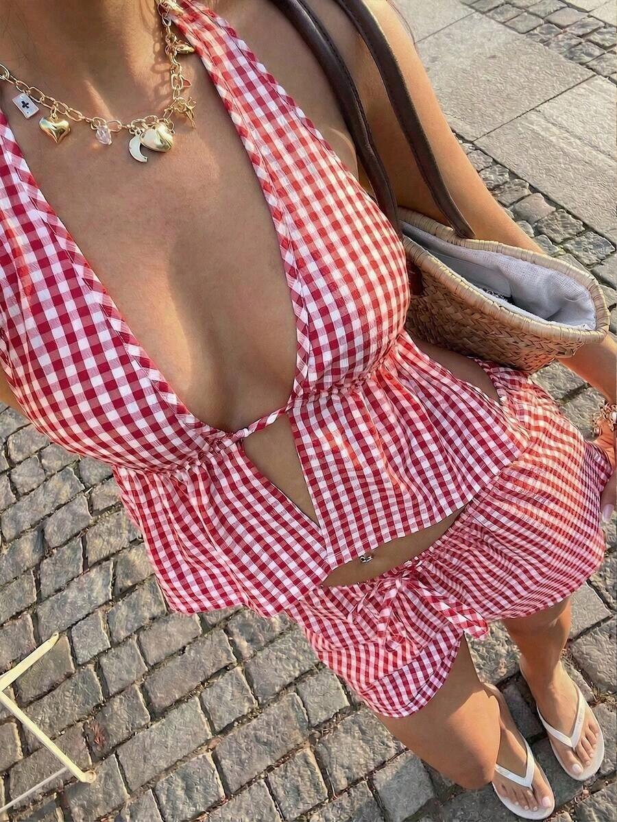 Women's Summer Set, Halter Top With Open Back, V-Neck, Striped Blue And White Linen + Loose Shorts With Drawstring Waist, Sexy, Cute, Elegant, Romantic Style - 紅白 - 查看 1