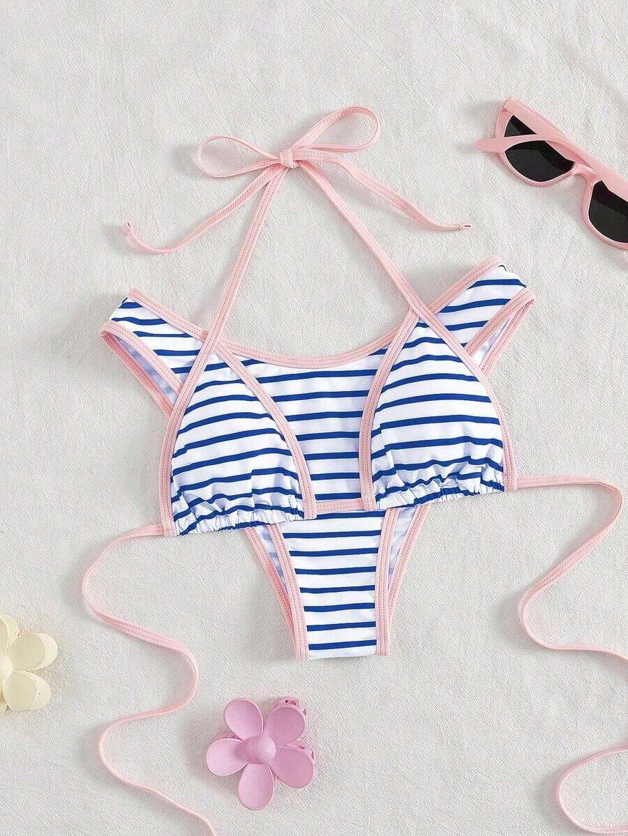 Set de 2 bikinis sexy y de moda en negro y blanco para mujer, ropa de playa de verano para vacaciones - Azul - Ver 1