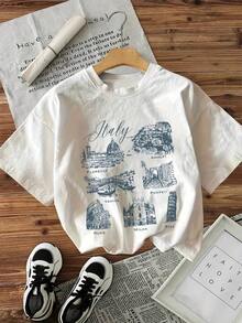 Camiseta de manga corta con cuello redondo y estampado de Italia estilo dibujo a mano, para mujeres, ropa de verano S0PK - Blanco - Ver 7