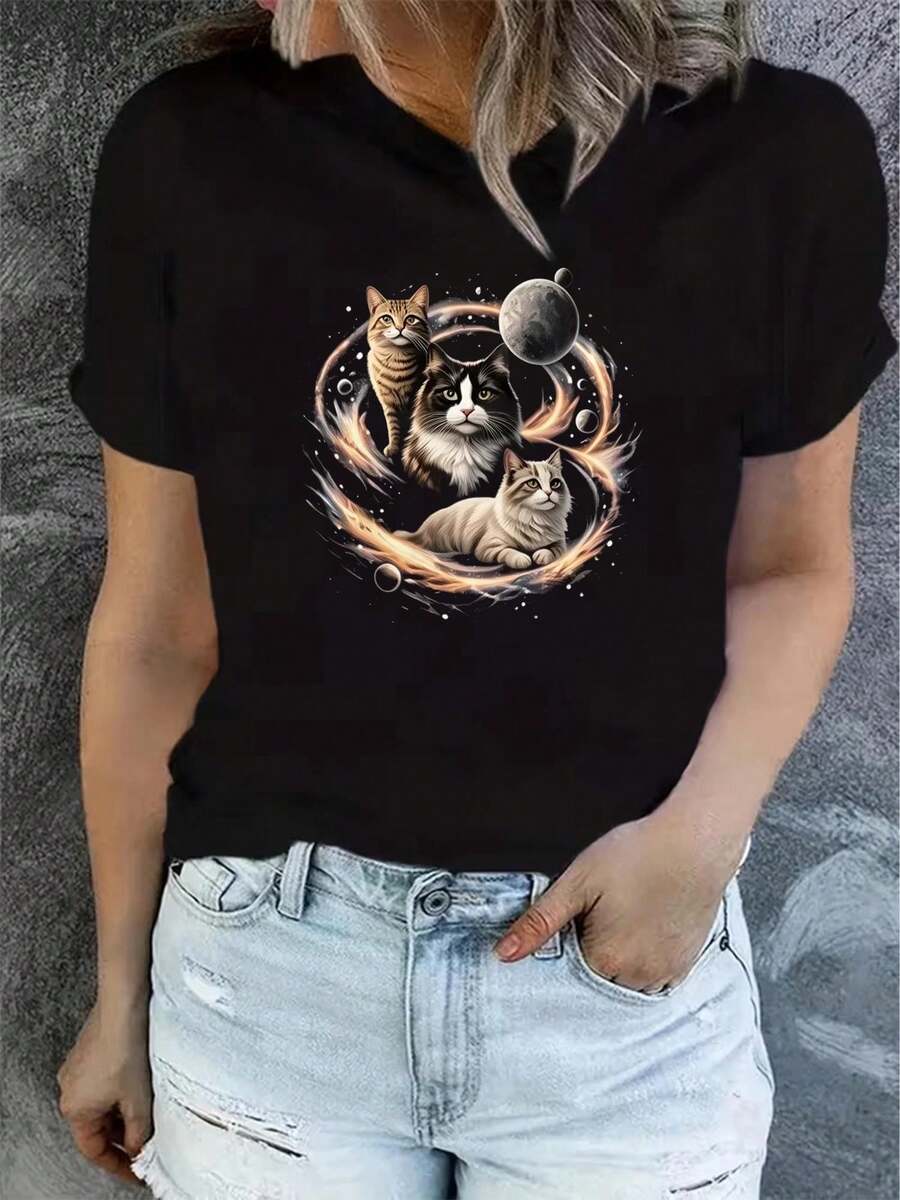 1 camiseta de verano para mujer de manga corta con estampado, moderna y casual, lavable a máquina, ajuste cómodo, estampado plano 2D, 180g, 100% algodón. - Negro_04 - Ver 1