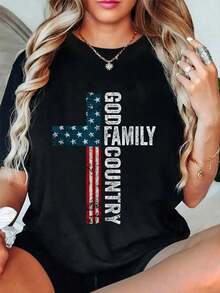 Camiseta 100% Algodón con Diseño de Cruz de Estados Unidos - Patriótica, de la Familia y la Libertad - Estilo Urbano Vintage, Unisex, de Manga Corta, Cuello Redondo, 100% Algodón Puro - Negro - Ver 1