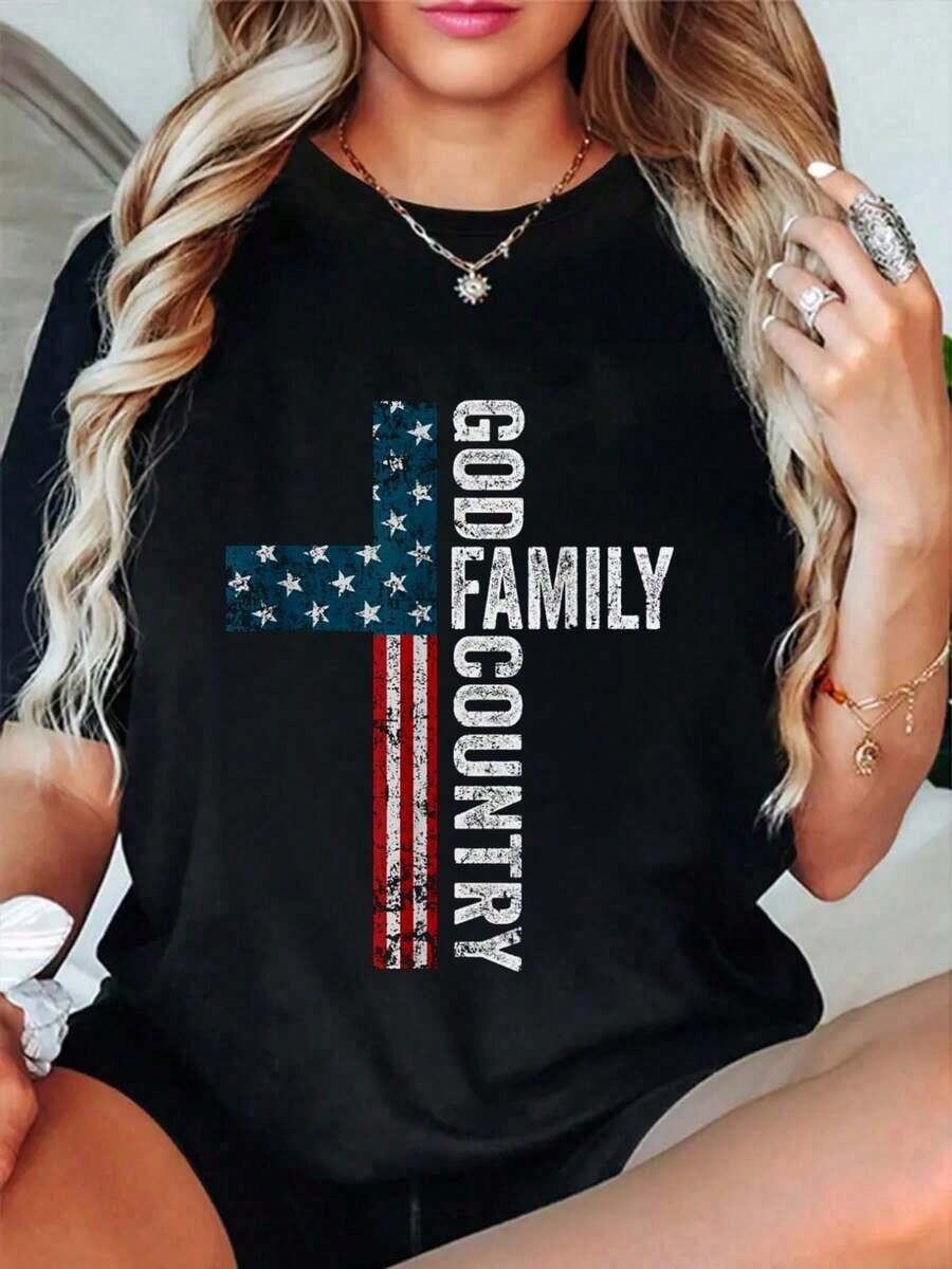 Camiseta 100% Algodón con Diseño de Cruz de Estados Unidos - Patriótica, de la Familia y la Libertad - Estilo Urbano Vintage, Unisex, de Manga Corta, Cuello Redondo, 100% Algodón Puro - Negro - Ver 1