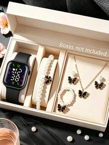 Conjunto de 6 Peças: Novo Relógio Digital LED Minimalista para Menina com Pulseira de Borboleta, Colar, Anel e Brincos, Acessórios de Viagem Perfeitos - Preto - Visão 1