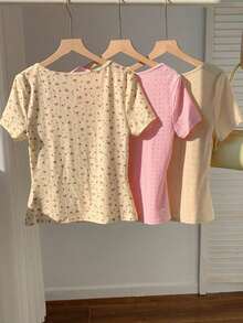 3 piezas de camisetas cortas básicas de cuello redondo y cortas para mujer en marrón café y blanco, ropa de otoño - Multicolor 2 - Ver 2