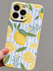 1 pieza Funda de teléfono dura con estilo Ins, diseño fresco de limón, hoja, patrón de rayas clásico y perforado, acabado brillante y efecto cinematográfico, apta para iPhone 11/12/13/14/15/16 Pro Max - Multicolor - Ver 4