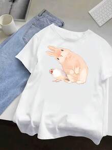 Playeras de mujer, blusas para mujer, blusas casuales para dama, Nueva Llegada Playera de Moda para Mujer con Estampado Divertido de Conejo Rosa y Loro, Cuello Redondo Manga Corta Estilo Casual Ligero, Disponible en Varios Colores, vestidos casuales para mujer ideal para Primavera y Verano - Blanco - Ver 9