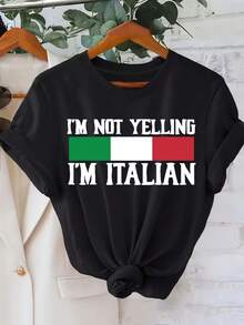 Camiseta gráfica de talla grande para mujer con la frase 'No estoy gritando, soy italiano' - Diseño llamativo con la bandera de Italia, manga corta, cuello redondo, estilo casual, lavable a máquina para comodidad durante todo el año, camiseta italiana, corte holgado. - Negro - Ver 6