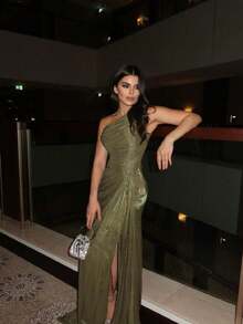 Vestido de noche brillante con volantes de mujer - Verde Oliva - Ver 1