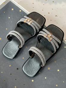 Kids' Rhinestone Multi-Strap Square Toe Flat Slide Sandals, Open Toe Slip-On Summer Casual Fashion Slides For Girls - Black - View 2