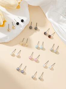 12 Pairs Assorted Cute Minimalist Round Resin Ball Stud Earrings Set, Suitable For Daily Casual Wear And Holiday Gifts - Multicolor - View 2