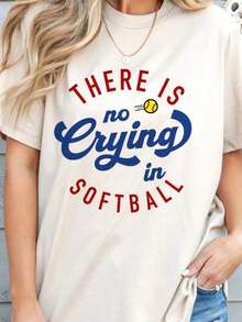 Camisetas de manga corta para mujer, camiseta de cuello redondo, camiseta con estampado "No hay llanto en el softbol", camiseta gráfica divertida para damas del softbol, frases deportivas humorísticas, atuendo para el día del juego, camiseta clásica de algodón 100% de manga corta, camiseta de algodón grueso con estampado gráfico, top casual de manga corta para mujer. - Blanco - Ver 1