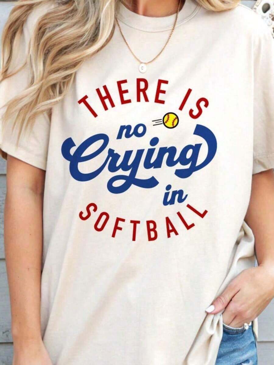 Camisetas de manga corta para mujer, camiseta de cuello redondo, camiseta con estampado "No hay llanto en el softbol", camiseta gráfica divertida para damas del softbol, frases deportivas humorísticas, atuendo para el día del juego, camiseta clásica de algodón 100% de manga corta, camiseta de algodón grueso con estampado gráfico, top casual de manga corta para mujer. - Blanco - Ver 1